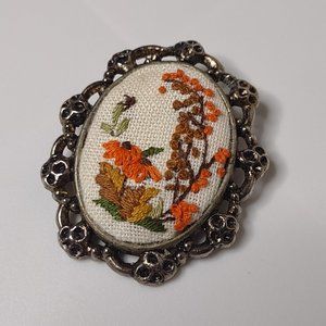 Vintage Metal Oval And Floral Embroidery Orange Flower Brooch